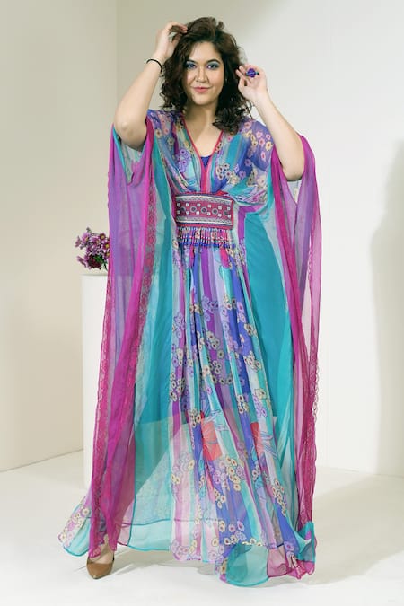 Capisvirleo Blue Georgette Floral Print And Thread V Neck Blueberry Slush Kaftan 