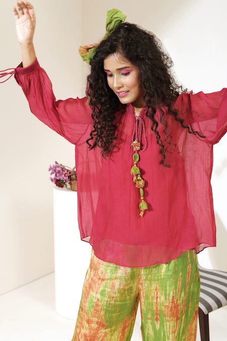 Capisvirleo_Red Chanderi Silk Band Elderflower Fizz Top _at_Aza_Fashions