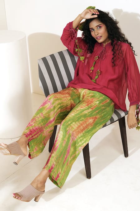 Buy_Capisvirleo_Red Chanderi Silk Band Elderflower Fizz Top _Online_at_Aza_Fashions