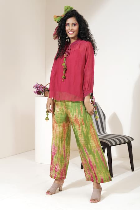 Shop_Capisvirleo_Red Chanderi Silk Band Elderflower Fizz Top _Online_at_Aza_Fashions