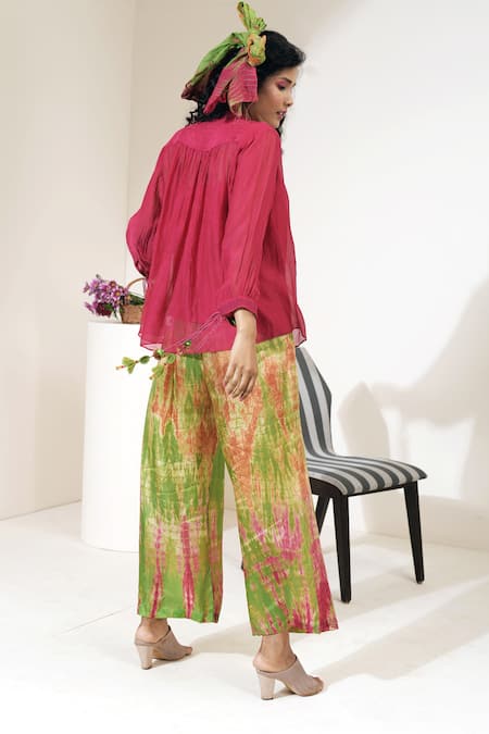 Shop Capisvirleo Green Habutai Silk Elderflower Fizz Pants at Aza Fashions Shop_Capisvirleo_Green Habutai Silk Elderflower Fizz Pants _at_Aza_Fashions