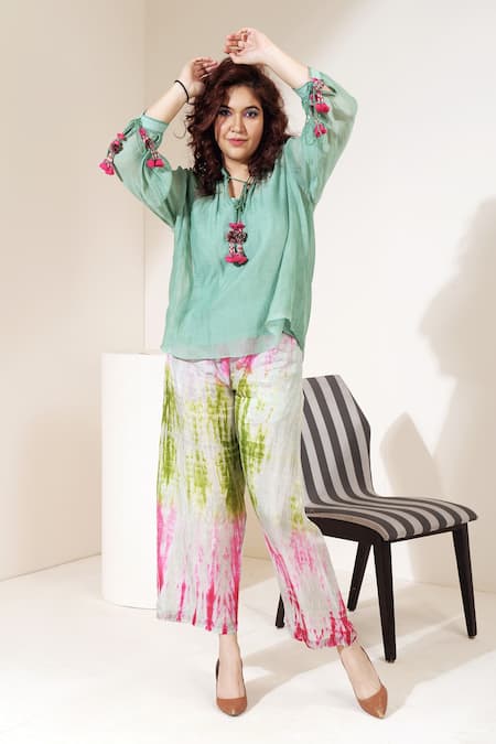 Capisvirleo Green Chanderi Silk Band Honeydrew Ice Top 