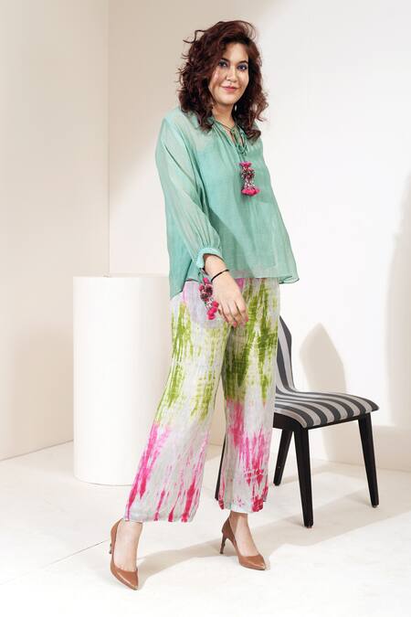 CAPISVIRLEO Green Habutai Silk Honeydrew Ice Pants