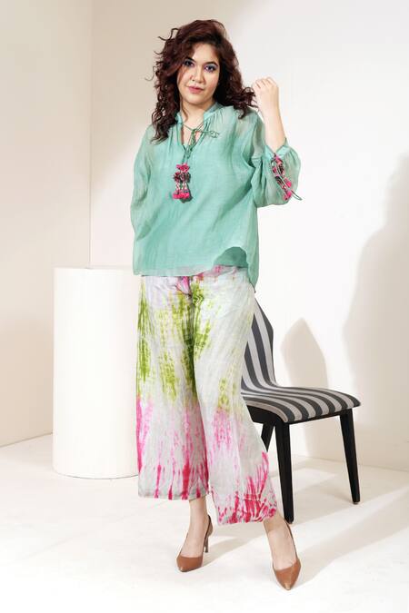 CAPISVIRLEO_Green Habutai Silk Honeydrew Ice Pants_Online_at_Aza_Fashions