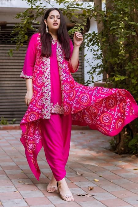 Pink Zari Embroidered Modal Silk Kurta with Pants- Set of 2