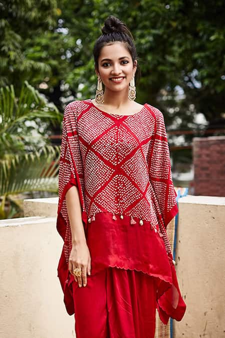 Shop Pink City By Sarika Red Silk, Modal Satin Bandhani Kaftan With Dhoti Pant at Aza Fashions Shop_Pink City By Sarika_Red Silk, Modal Satin Bandhani Kaftan With Dhoti Pant _at_Aza_Fashions