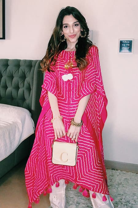 Shop Pink City By Sarika Pink Gajji Silk Bandhani Kaftan at Aza Fashions Shop_Pink City By Sarika_Pink Gajji Silk Bandhani Kaftan _at_Aza_Fashions