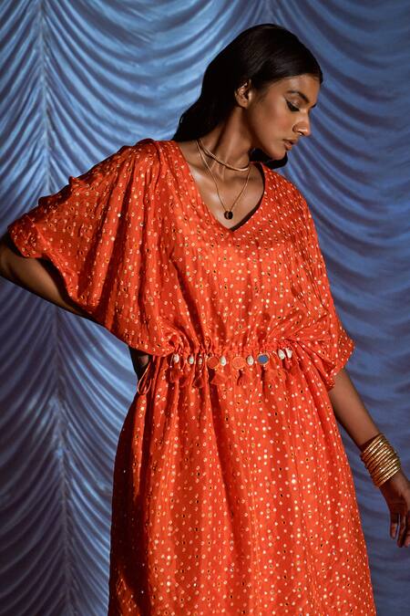Pink City by Sarika_Orange Silk Bandhani V Neck Print Kaftan And Pant Set _Online_at_Aza_Fashions