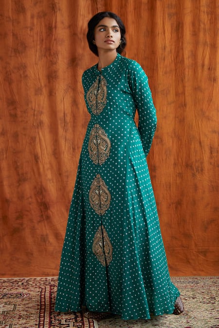 Pink City By Sarika Green Silk Mandarin Collar Bandhani Print Tunic 