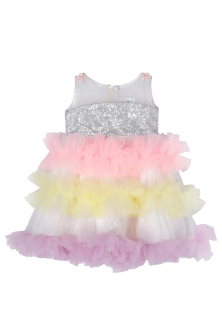 Pinkcow designs pvt ltd Multi Color Net, Lace, Crepe Sequins Silk Frill Dress 