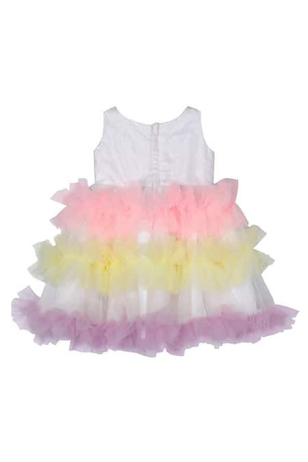 Shop Pinkcow designs pvt ltd Multi Color Net, Lace, Crepe Sequins Silk Frill Dress at Aza Fashions Shop_Pinkcow designs pvt ltd_Multi Color Net, Lace, Crepe Sequins Silk Frill Dress _at_Aza_Fashions