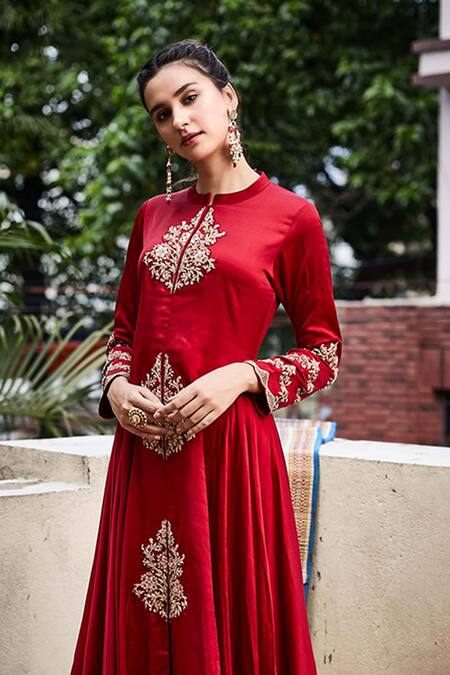 Pink City By Sarika_Red Linen Satin Embroidered Kurta _Online_at_Aza_Fashions