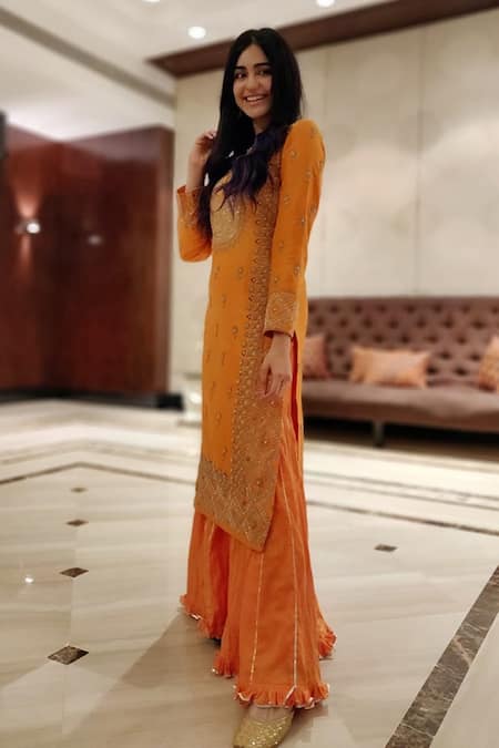 Pink City By Sarika_Orange Organic Cotton, Silk Chanderi Embroidered Kurta Sharara Set _Online_at_Aza_Fashions