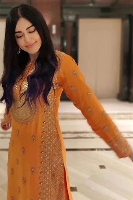 Buy_Pink City By Sarika_Orange Organic Cotton, Silk Chanderi Embroidered Kurta Sharara Set _Online_at_Aza_Fashions