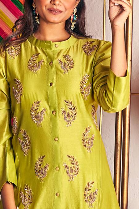 Pink City By Sarika_Green Silk , Tissue Embroidered Kurta _Online_at_Aza_Fashions