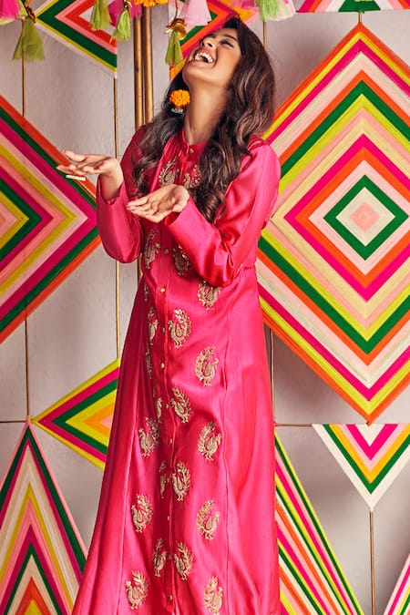 Shop Pink City By Sarika Pink Silk , Tissue Embroidered Kurta at Aza Fashions Shop_Pink City By Sarika_Pink Silk , Tissue Embroidered Kurta _at_Aza_Fashions
