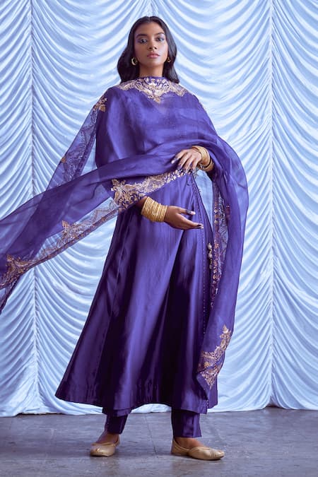 Pink City by Sarika_Purple Organza, Silk Chanderi Zari V Neck Angrakha Set _Online_at_Aza_Fashions