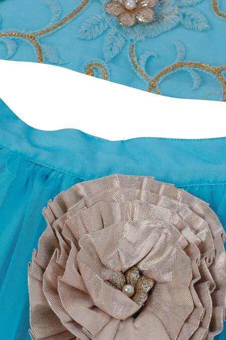 Pinkcow designs pvt ltd_Blue Net, Lace Embroidery, Fringe Embellished Lehenga Set _at_Aza_Fashions