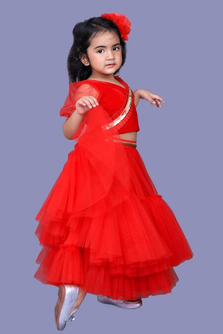 Pinkcow designs pvt ltd Red Velvet, Cotton, Net, Silk, Crepe Sequins Pleated Choli And Layered Lehenga Online at Aza Fashions Pinkcow designs pvt ltd_Red Velvet, Cotton, Net, Silk, Crepe Sequins Pleated Choli And Layered Lehenga _Online_at_Aza_Fashions