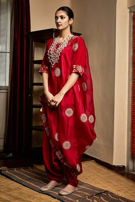 Shop_Pink City by Sarika_Red Silk Linen Matka Kurta Dhoti Pant Set _at_Aza_Fashions
