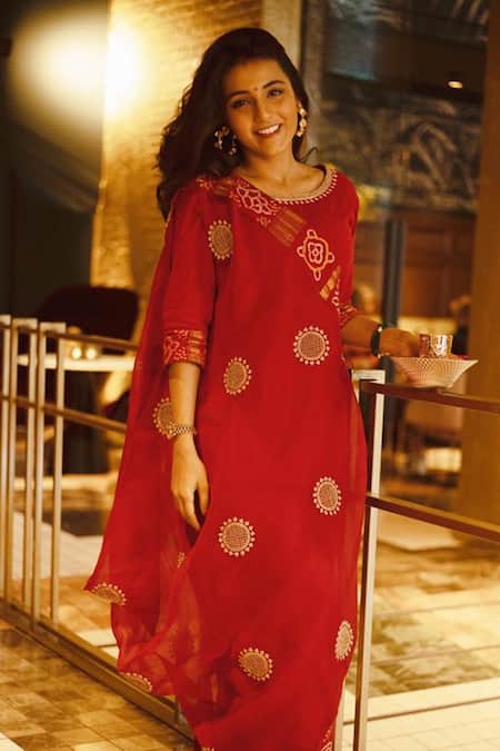 Buy_Pink City by Sarika_Red Silk Linen Matka Kurta Dhoti Pant Set _Online_at_Aza_Fashions