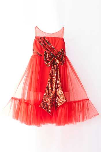 Buy_Pinkcow designs pvt ltd_Red Net, Crepe Sequins, Bows Embellished Gown _Online_at_Aza_Fashions