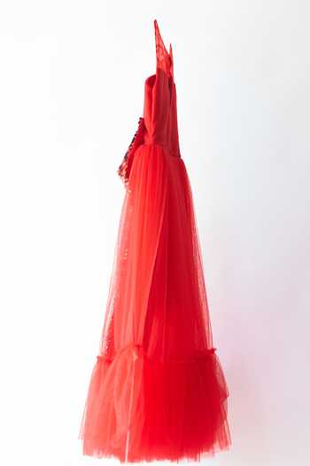 Pinkcow designs pvt ltd_Red Net, Crepe Sequins, Bows Embellished Gown _Online_at_Aza_Fashions