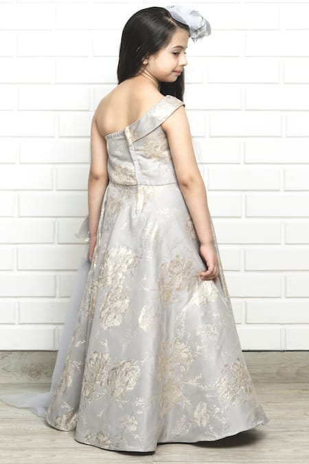 Shop Pinkcow designs pvt ltd Grey Net, Crepe, Brocade Floral Draped Gown at Aza Fashions Shop_Pinkcow designs pvt ltd_Grey Net, Crepe, Brocade Floral Draped Gown _at_Aza_Fashions