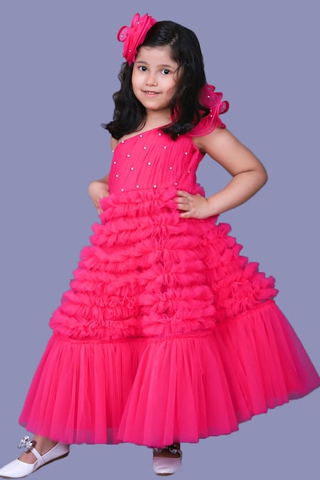 Shop Pinkcow designs pvt ltd Pink Net, Cotton, Crepe Pearls One Shoulder Frill Gown at Aza Fashions Shop_Pinkcow designs pvt ltd_Pink Net, Cotton, Crepe Pearls One Shoulder Frill Gown _at_Aza_Fashions