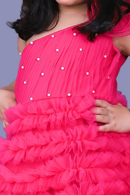 Pinkcow designs pvt ltd Pink Net, Cotton, Crepe Pearls One Shoulder Frill Gown Online at Aza Fashions Pinkcow designs pvt ltd_Pink Net, Cotton, Crepe Pearls One Shoulder Frill Gown _Online_at_Aza_Fashions