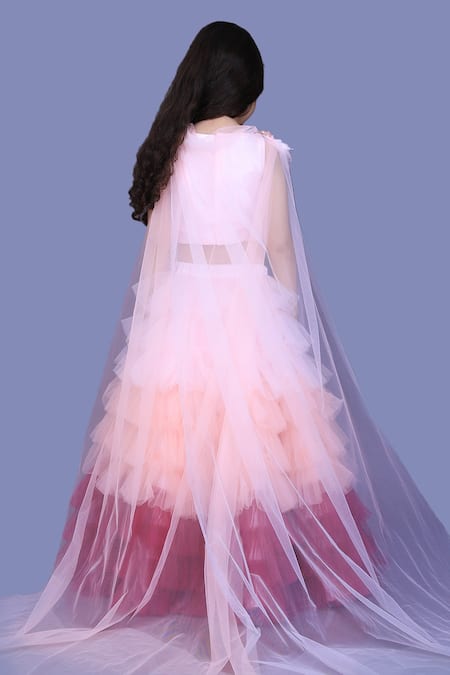 Shop_Pinkcow Designs Pvt Ltd_Multi Color Tulle, Cotton Pearls, Beads Ruched Top And Ruffle Lehenga Set _at_Aza_Fashions