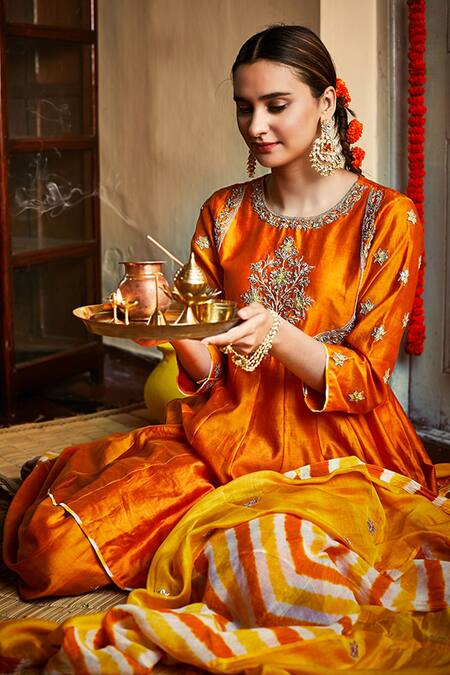 Pink City By Sarika Orange Silk Chanderi Embroidered Kurta Sharara Set Online at Aza Fashions Pink City By Sarika_Orange Silk Chanderi Embroidered Kurta Sharara Set _Online_at_Aza_Fashions