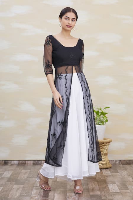 Buy Black Layered Kurta-divided Skirt Set Online - W for Woman