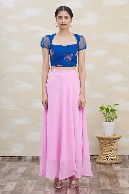 Buy Naintara Bajaj Blue Georgette Sweetheart Neck Floral Printed Crop Top And Skirt Set Online at Aza Fashions Buy_Naintara Bajaj_Blue Georgette Sweetheart Neck Floral Printed Crop Top And Skirt Set _Online_at_Aza_Fashions