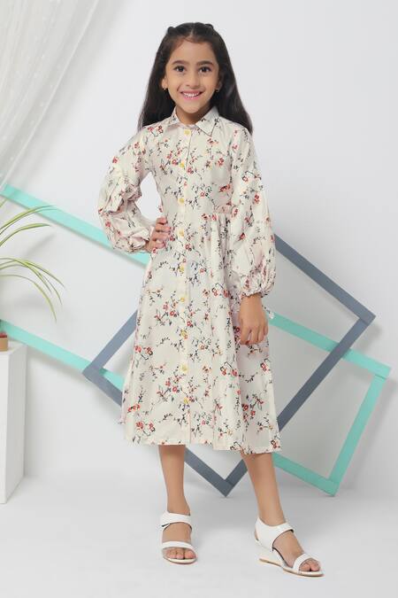 Minichic White Polyester Printed Floral Motifs Bishop Sleeve Dress 