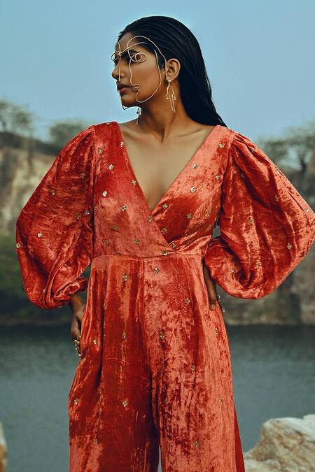 EASE Orange Velvet Chitta Buttis V Neck Bell Sleeve Jumpsuit at Aza Fashions EASE_Orange Velvet Chitta Buttis V Neck Bell Sleeve Jumpsuit _at_Aza_Fashions