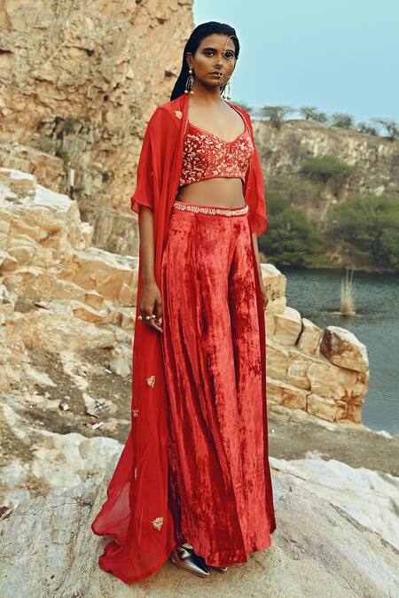 EASE Red Velvet, Viscose Organza Floral Motifs Blouse Scoop Palazzo Set With Jacket Online at Aza Fashions EASE_Red Velvet, Viscose Organza Floral Motifs Blouse Scoop Palazzo Set With Jacket _Online_at_Aza_Fashions