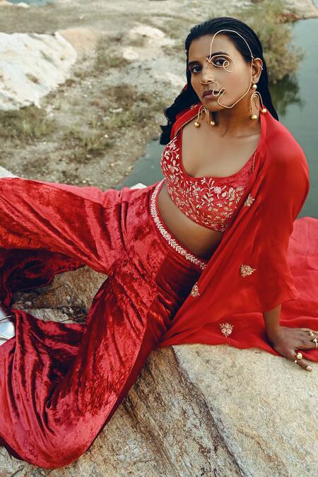 Buy EASE Red Velvet, Viscose Organza Floral Motifs Blouse Scoop Palazzo Set With Jacket Online at Aza Fashions Buy_EASE_Red Velvet, Viscose Organza Floral Motifs Blouse Scoop Palazzo Set With Jacket _Online_at_Aza_Fashions