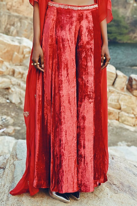 EASE Red Velvet, Viscose Organza Floral Motifs Blouse Scoop Palazzo Set With Jacket at Aza Fashions EASE_Red Velvet, Viscose Organza Floral Motifs Blouse Scoop Palazzo Set With Jacket _at_Aza_Fashions