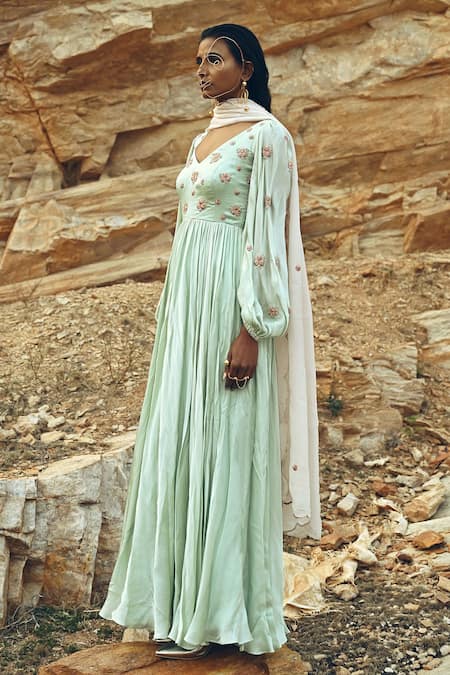 Shop EASE Blue Viscose , Sarin Nakshi V Embroidered Anarkali With Dupatta at Aza Fashions Shop_EASE_Blue Viscose , Sarin Nakshi V Embroidered Anarkali With Dupatta _at_Aza_Fashions