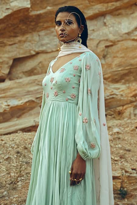 EASE Blue Viscose , Sarin Nakshi V Embroidered Anarkali With Dupatta Online at Aza Fashions EASE_Blue Viscose , Sarin Nakshi V Embroidered Anarkali With Dupatta _Online_at_Aza_Fashions