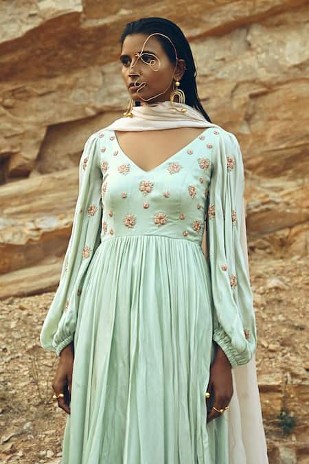 Shop EASE Blue Viscose , Sarin Nakshi V Embroidered Anarkali With Dupatta Online at Aza Fashions Shop_EASE_Blue Viscose , Sarin Nakshi V Embroidered Anarkali With Dupatta _Online_at_Aza_Fashions