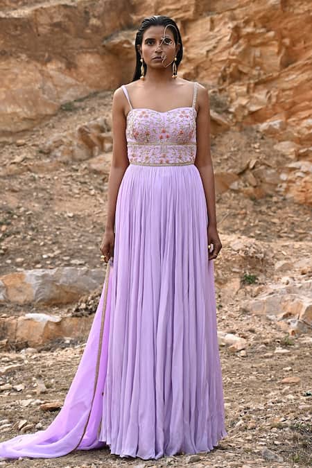 EASE Purple Crepe, Viscose Organza Floral Jaal Corset Yoke Embroidered Anarkali 