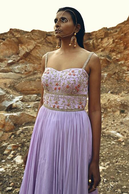 EASE_Purple Crepe, Viscose Organza Floral Jaal Corset Yoke Embroidered Anarkali _Online_at_Aza_Fashions