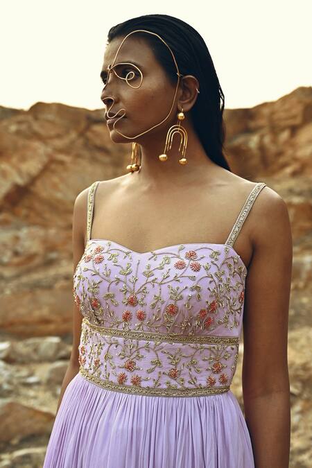 Buy_EASE_Purple Crepe, Viscose Organza Floral Jaal Corset Yoke Embroidered Anarkali _Online_at_Aza_Fashions