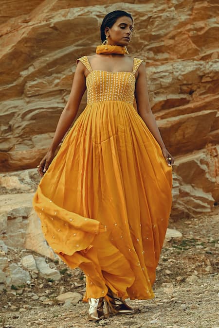 EASE Yellow Viscose , Sarin Floral Embroidered Anarkali With Dupatta 