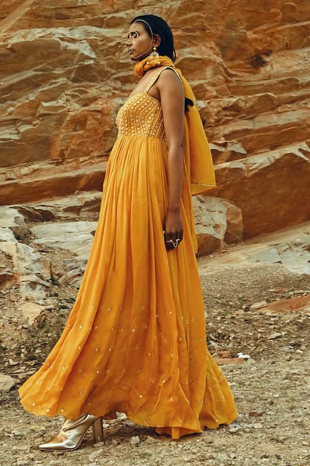 Shop EASE Yellow Viscose , Sarin Floral Embroidered Anarkali With Dupatta Online at Aza Fashions Shop_EASE_Yellow Viscose , Sarin Floral Embroidered Anarkali With Dupatta _Online_at_Aza_Fashions