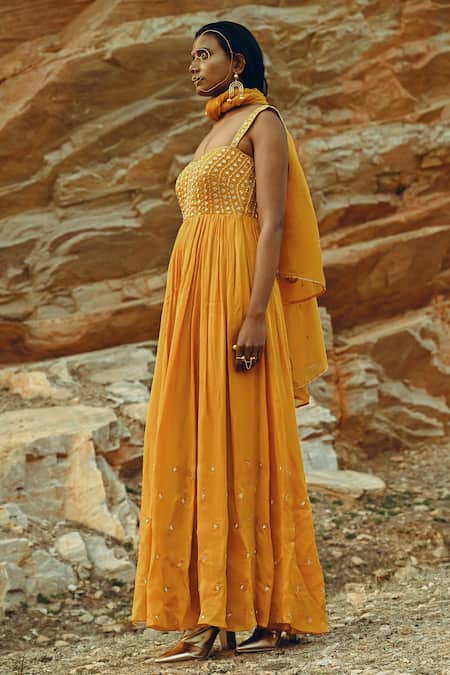 EASE Yellow Viscose , Sarin Floral Embroidered Anarkali With Dupatta at Aza Fashions EASE_Yellow Viscose , Sarin Floral Embroidered Anarkali With Dupatta _at_Aza_Fashions