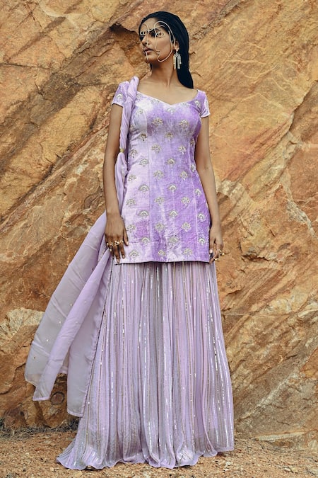 EASE Purple Velvet, Crepe, Viscose Organza Nakshi V Embroidered Kurta Sharara Set 