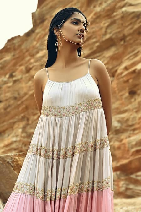 Shop EASE White Satin Organza Floral Motifs Scoop Neck Tiered Ombre Kurta And Palazzo Set at Aza Fashions Shop_EASE_White Satin Organza Floral Motifs Scoop Neck Tiered Ombre Kurta And Palazzo Set _at_Aza_Fashions